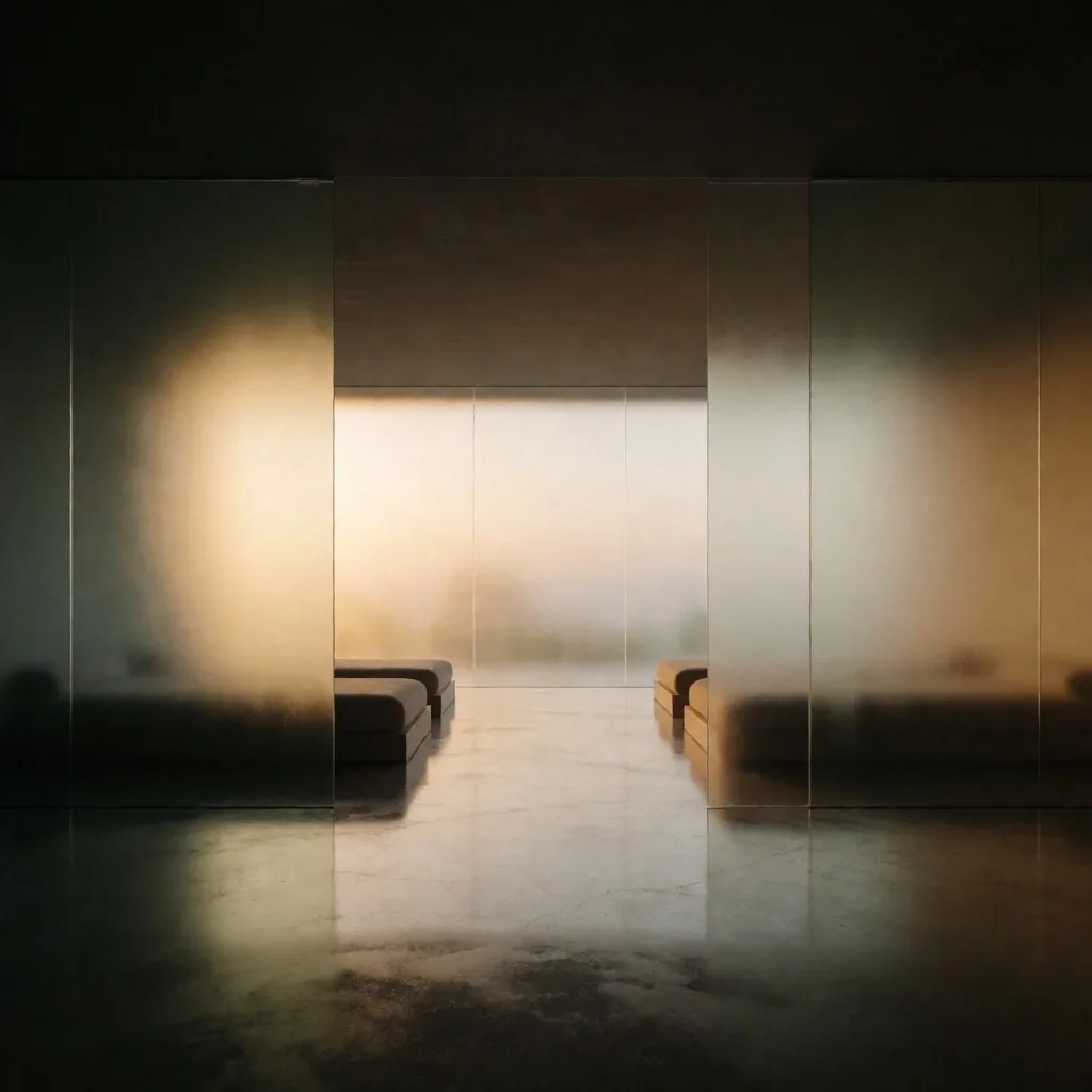 Calm transit hall at dawn through frosted glass