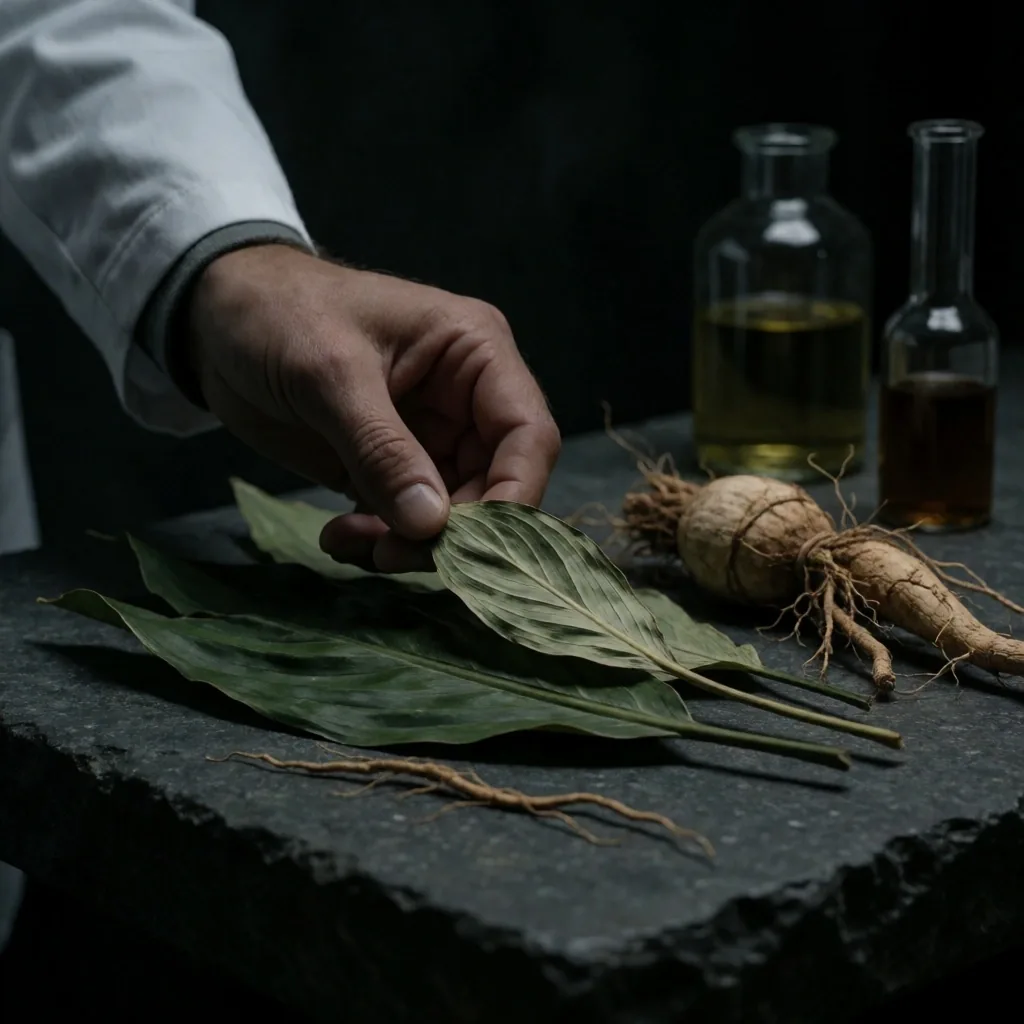 Dried botanical herbs on dark surface