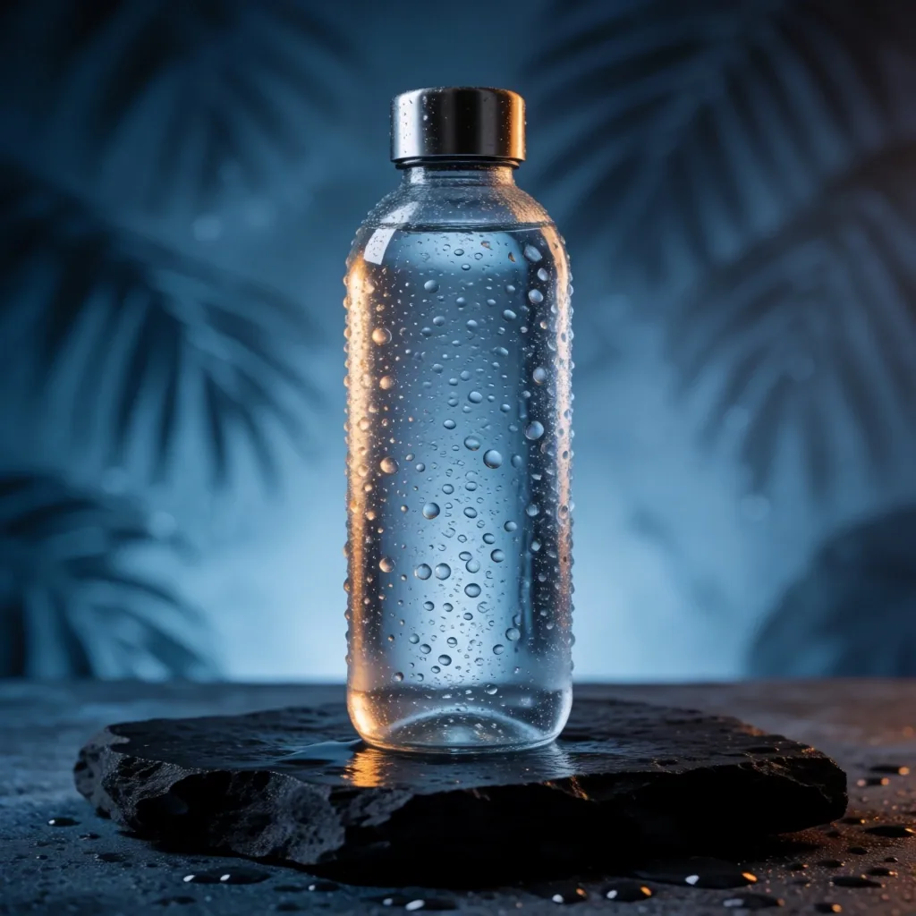 Condensed water bottle on a dark surface