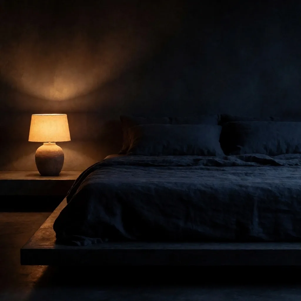 Dark minimalist bedroom at night