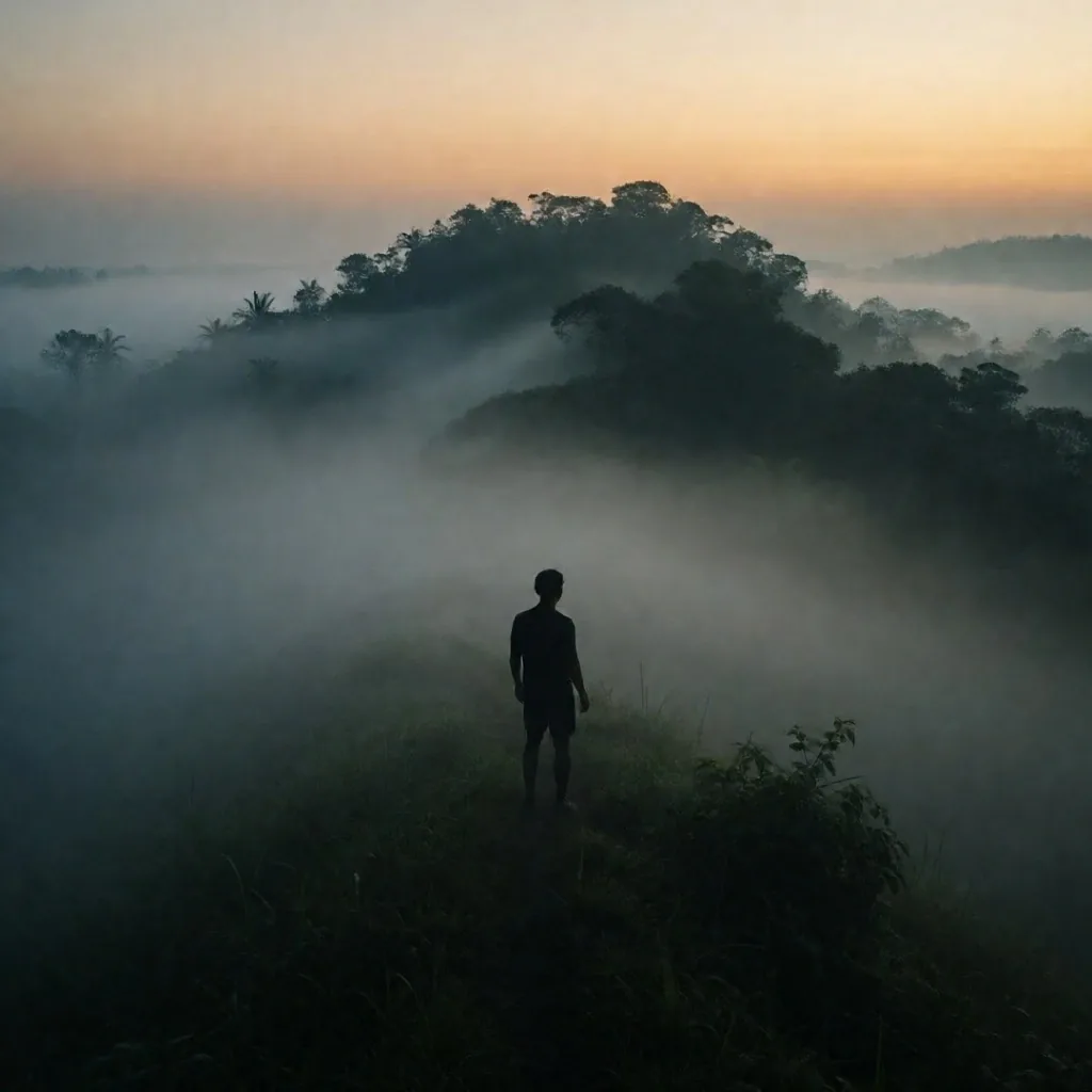 Dawn mist over a tropical ridge near Jakarta