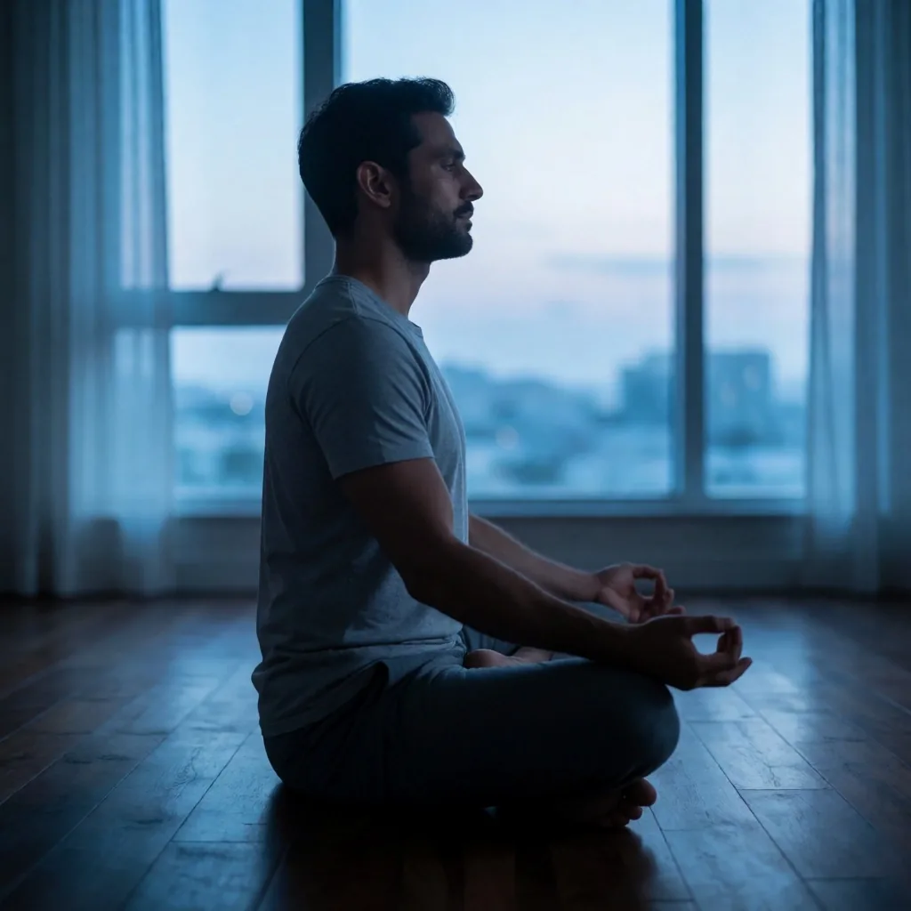 Morning meditation near a window with cool light