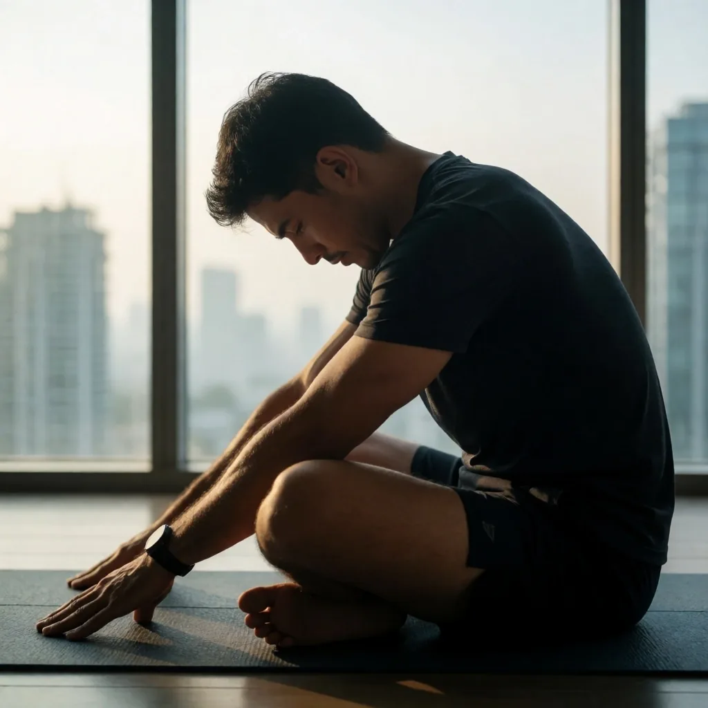 Morning stretching routine in a Jakarta apartment