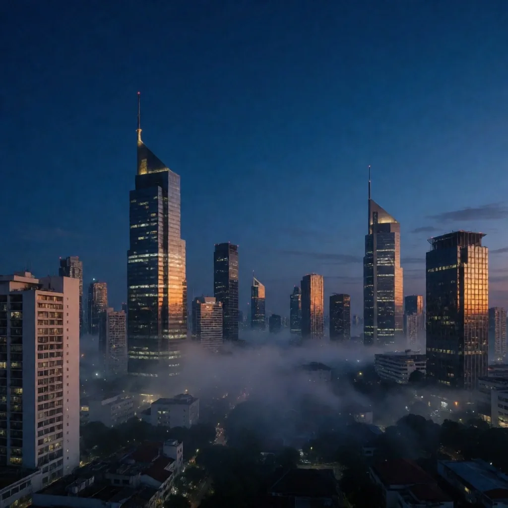 Jakarta skyline before dawn with warm amber lights