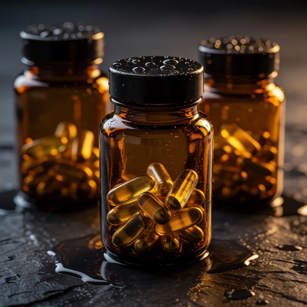 Premium supplement bottles in low-key amber lighting