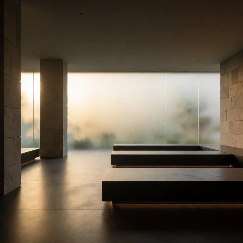 Quiet transit hall at dawn with frosted glass and warm amber light