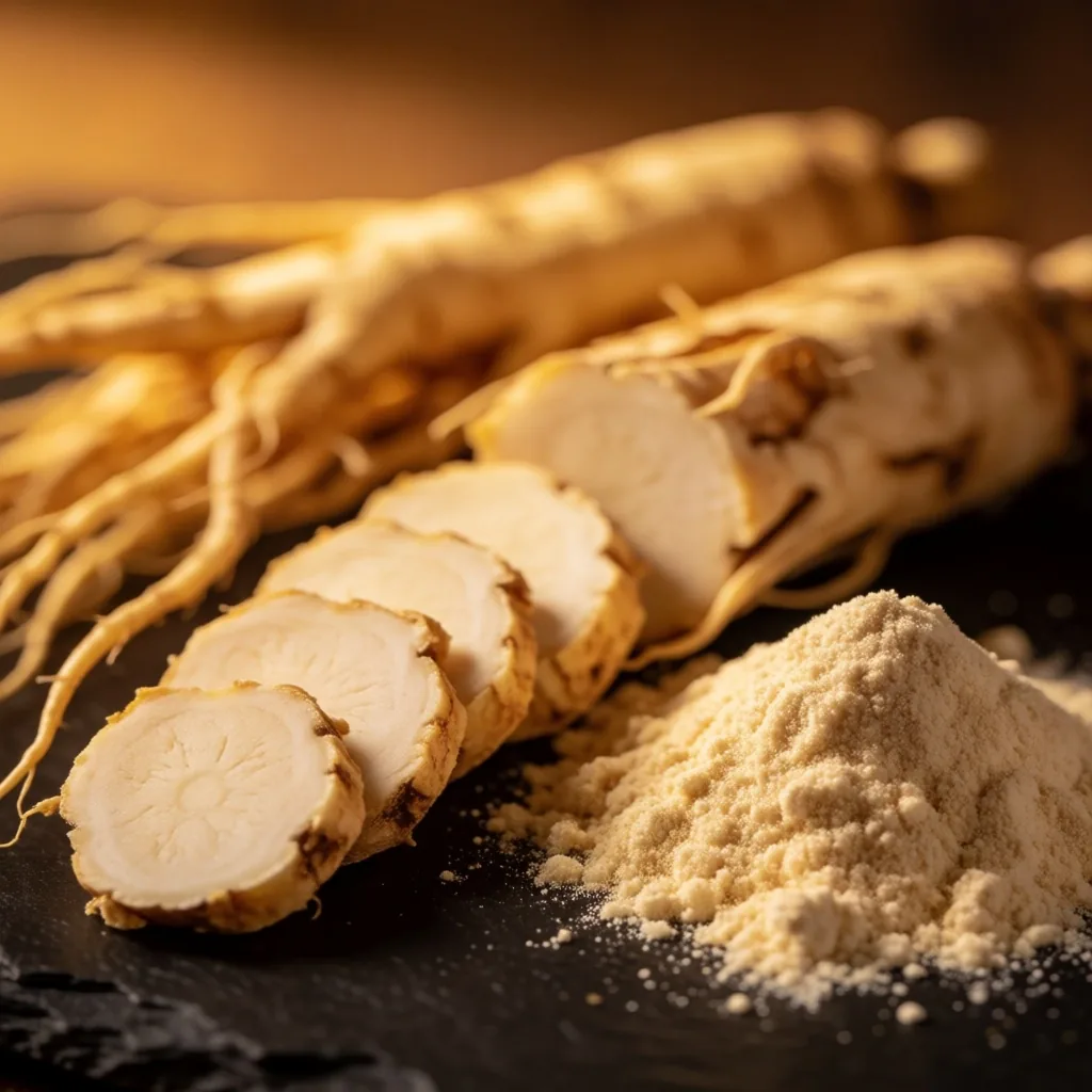 Ginseng root and maca powder on dark surface