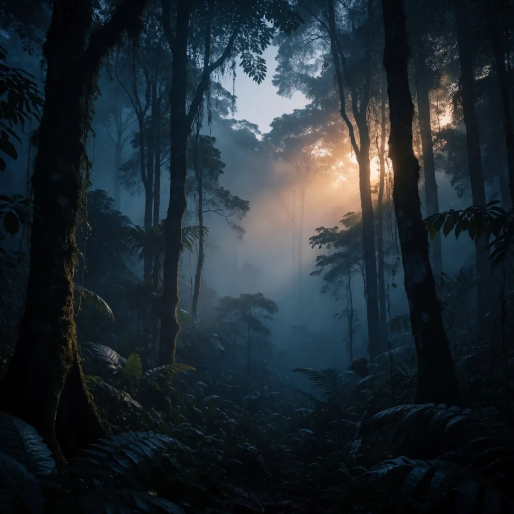 Indonesian tropical rainforest at dawn in deep blue tones