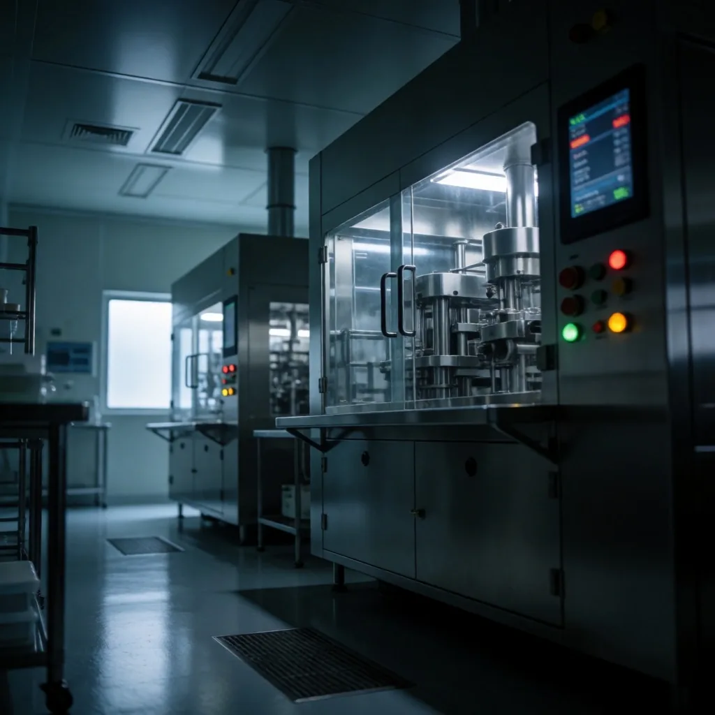 Modern supplement production facility at night