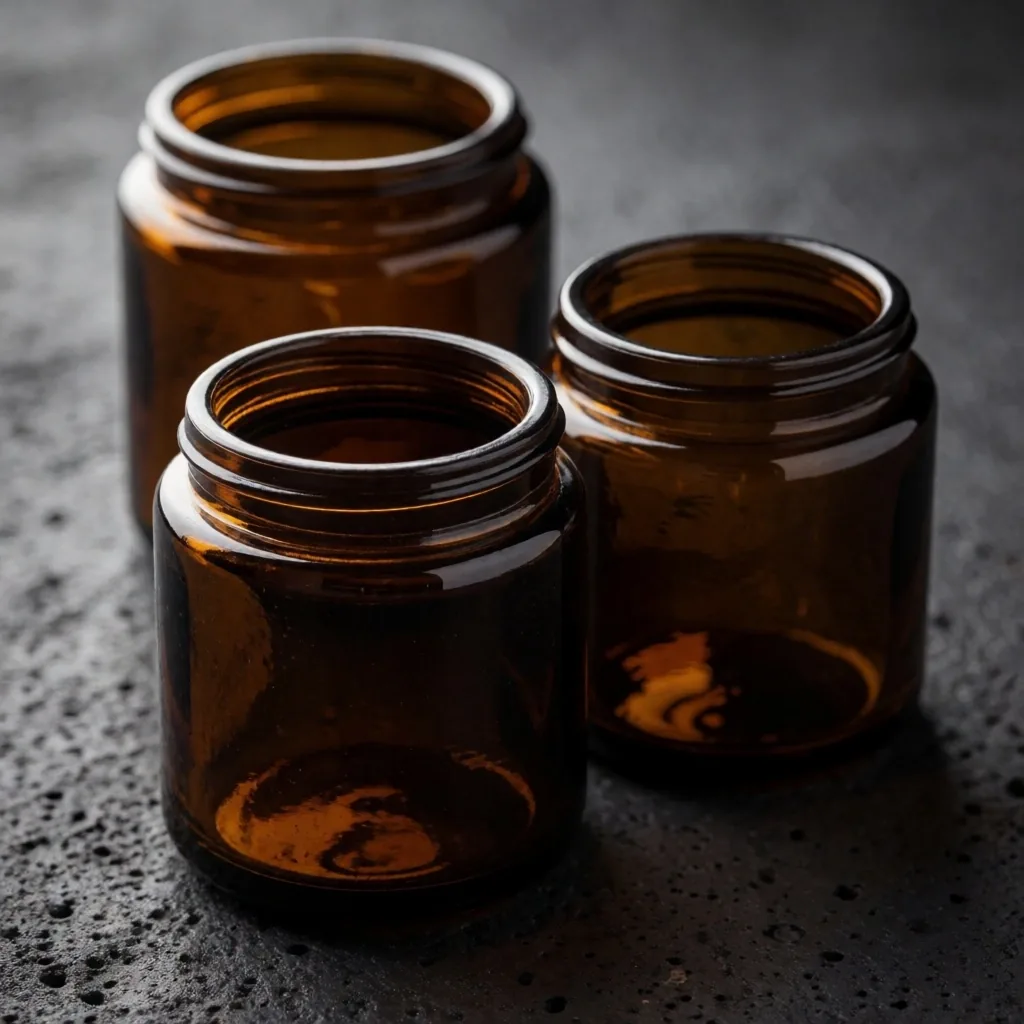 Premium amber glass supplement jars in low-key lighting