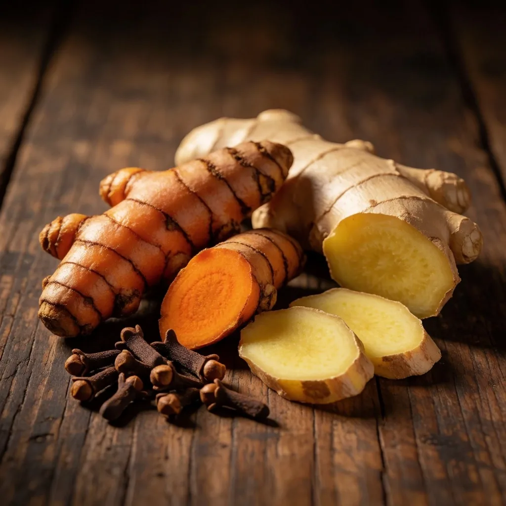 Traditional Indonesian Jamu herbal ingredients on dark wood