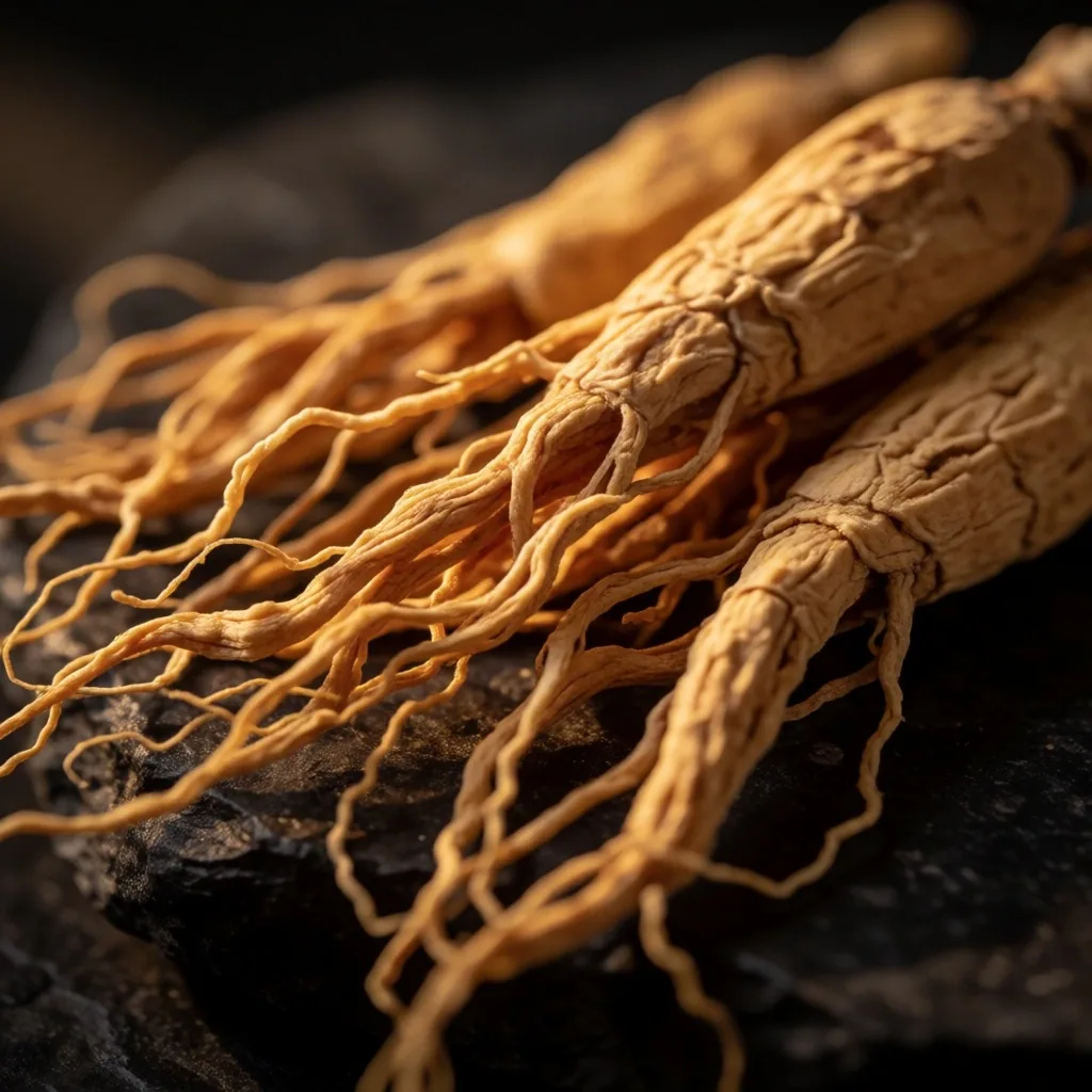 Dried Panax ginseng roots on a dark surface