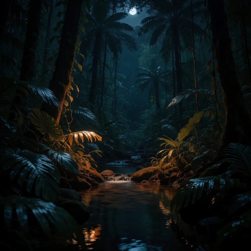 Misty Indonesian tropical forest at night