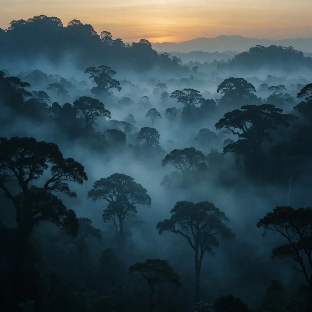 Misty Indonesian tropical forest at dawn