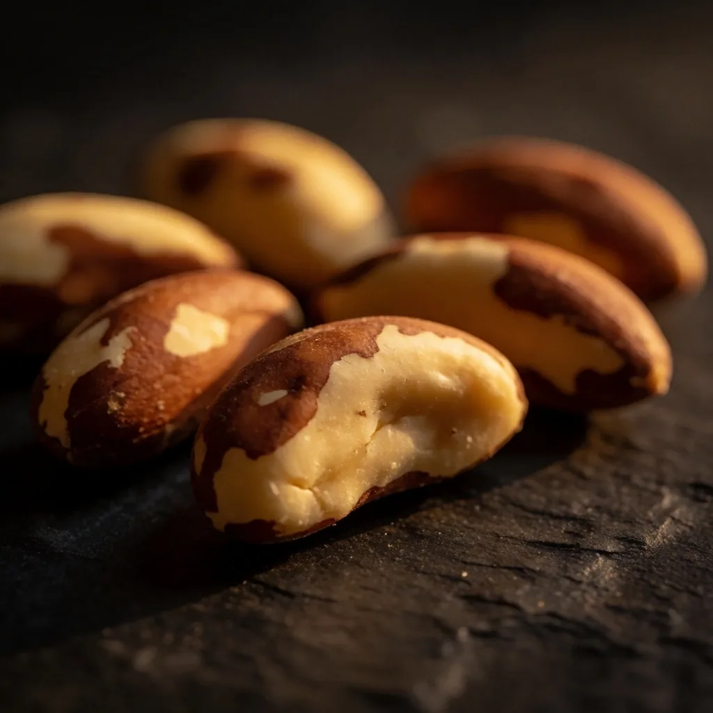 Brazil nuts on dark stone surface
