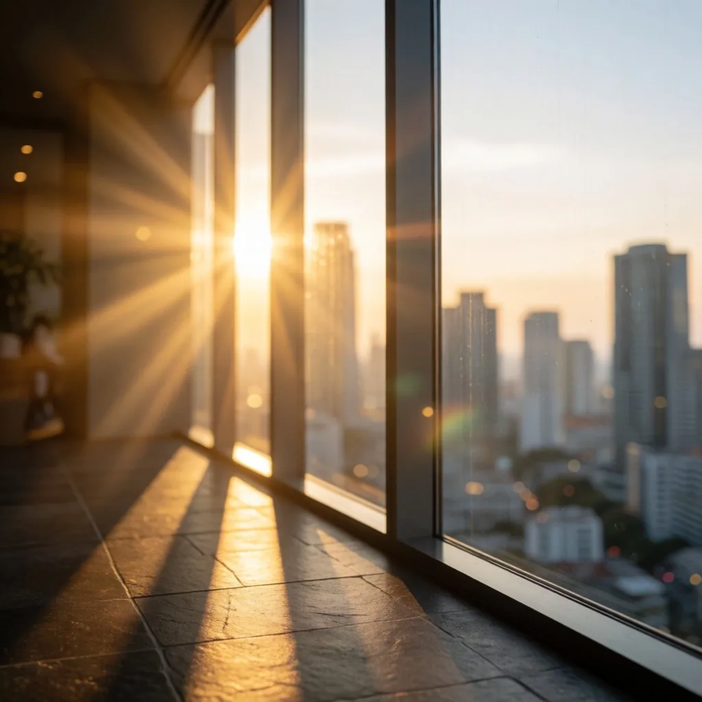 Morning sunlight through Jakarta skyscrapers