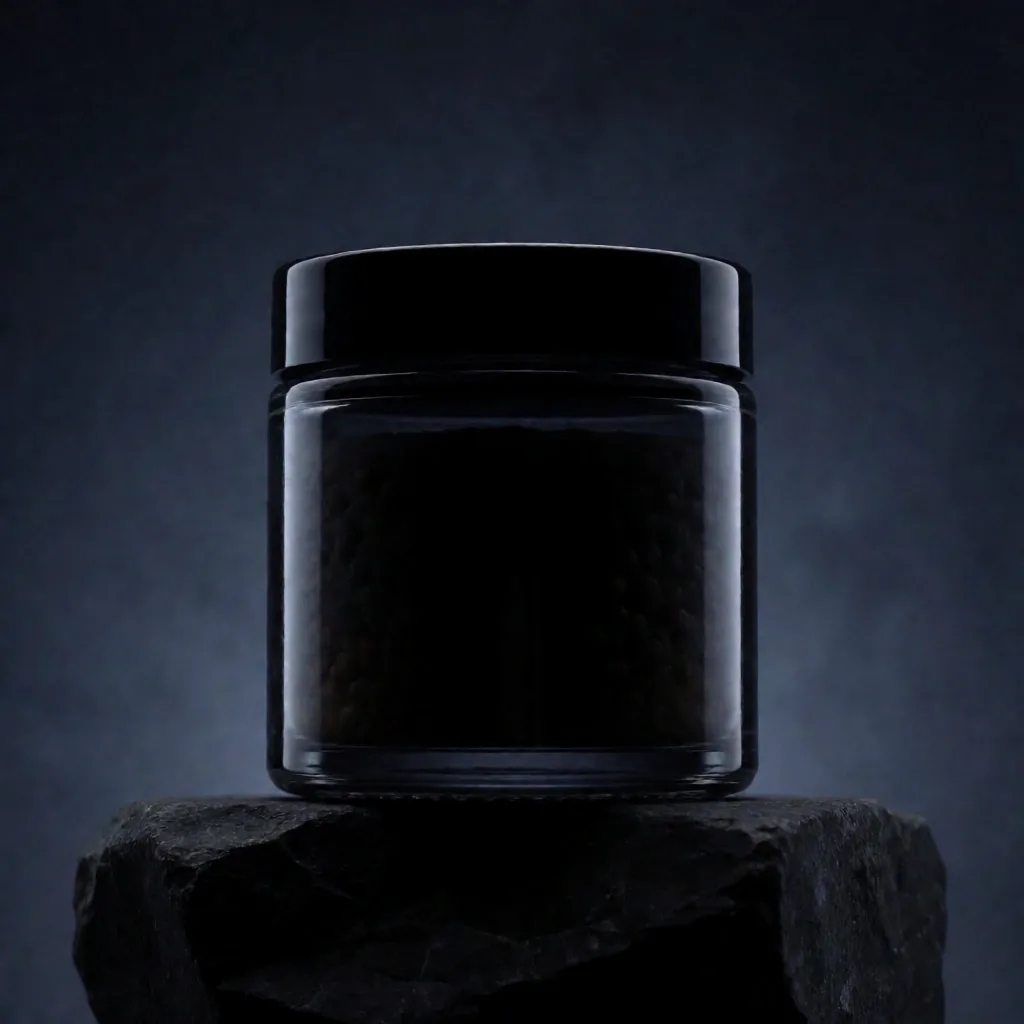 Premium supplement jar in low-key lighting